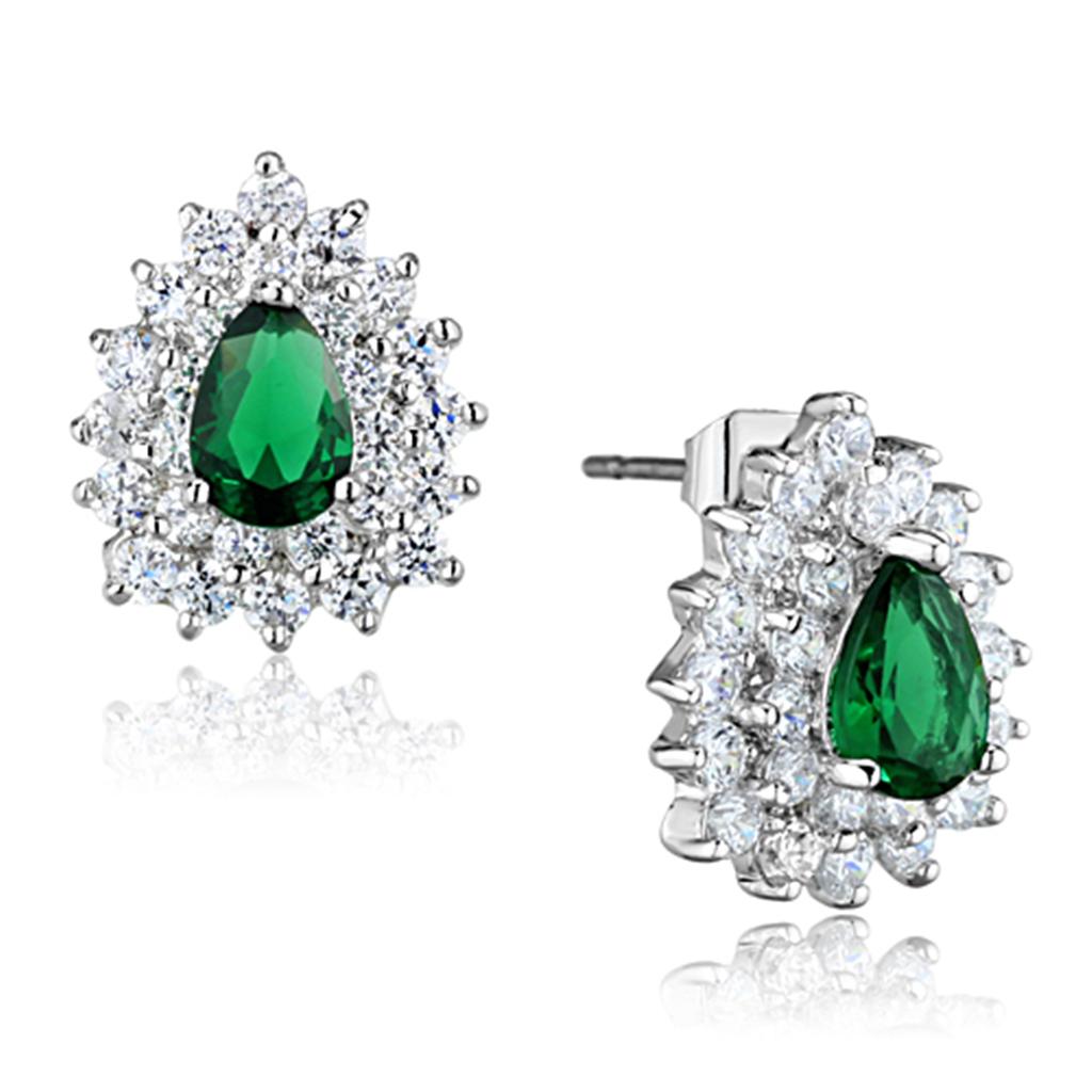 Rhodium Brass Earrings with Synthetic Synthetic Glass in Emerald