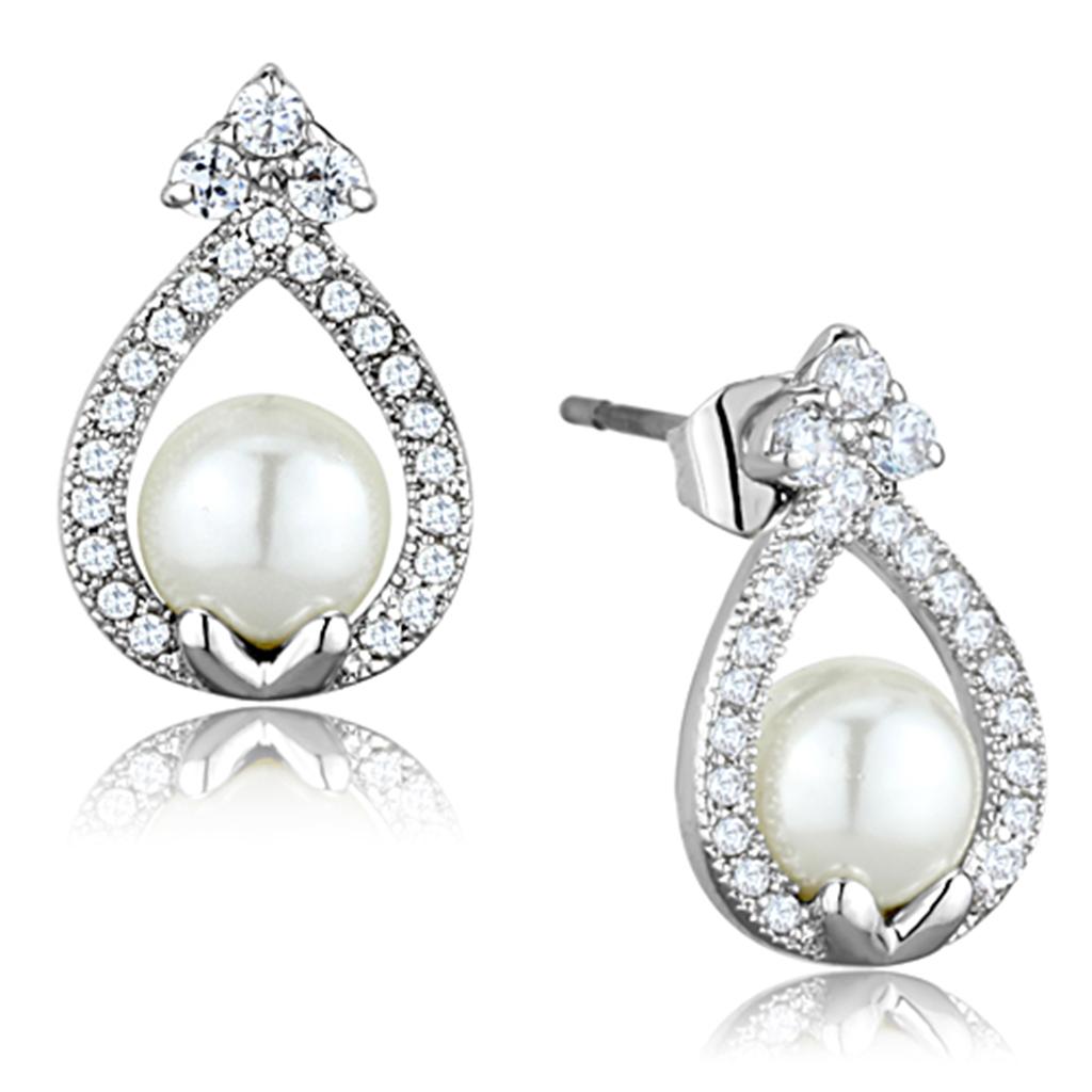 Rhodium Brass Earrings with Synthetic Pearl in White