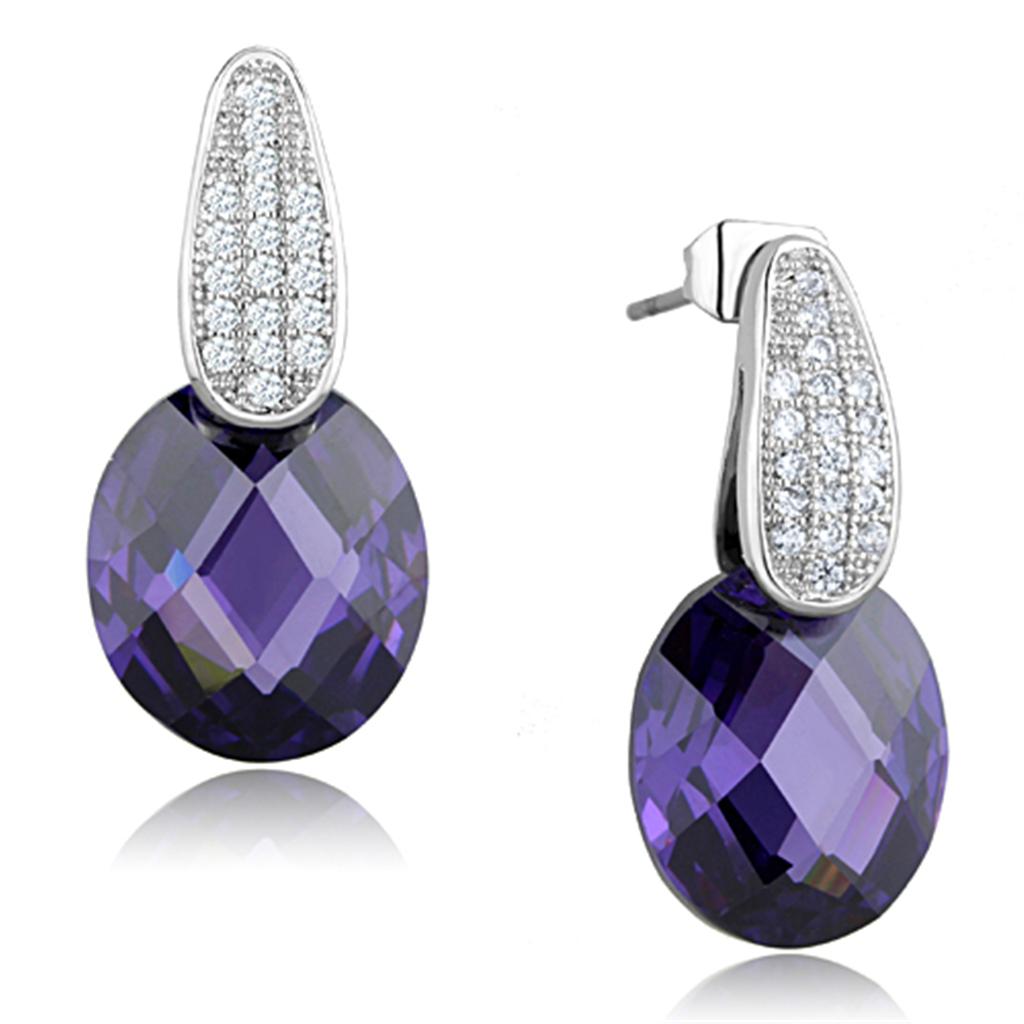 Rhodium Brass Earrings with AAA Grade CZ in Amethyst