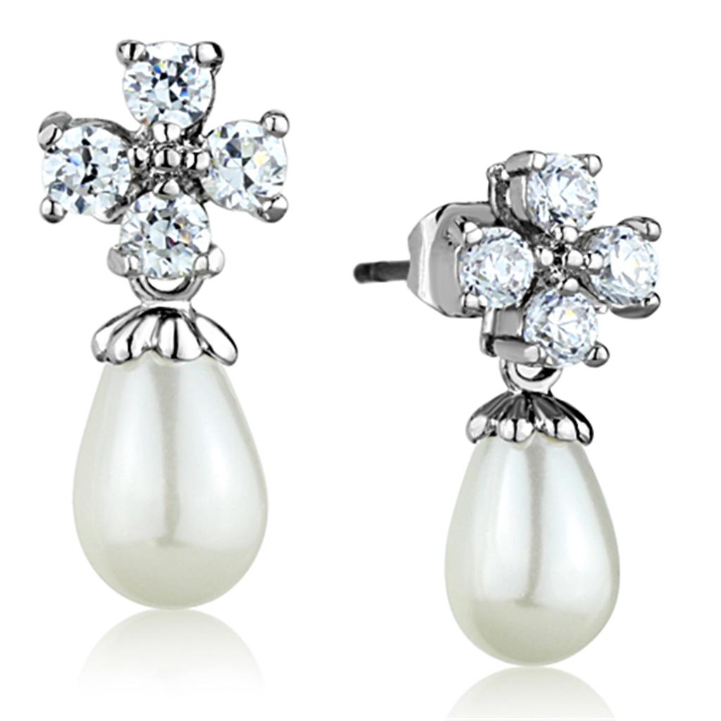 Rhodium Brass Earrings with Synthetic Pearl in White