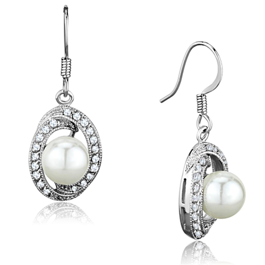 Rhodium Brass Earrings with Synthetic Pearl in White