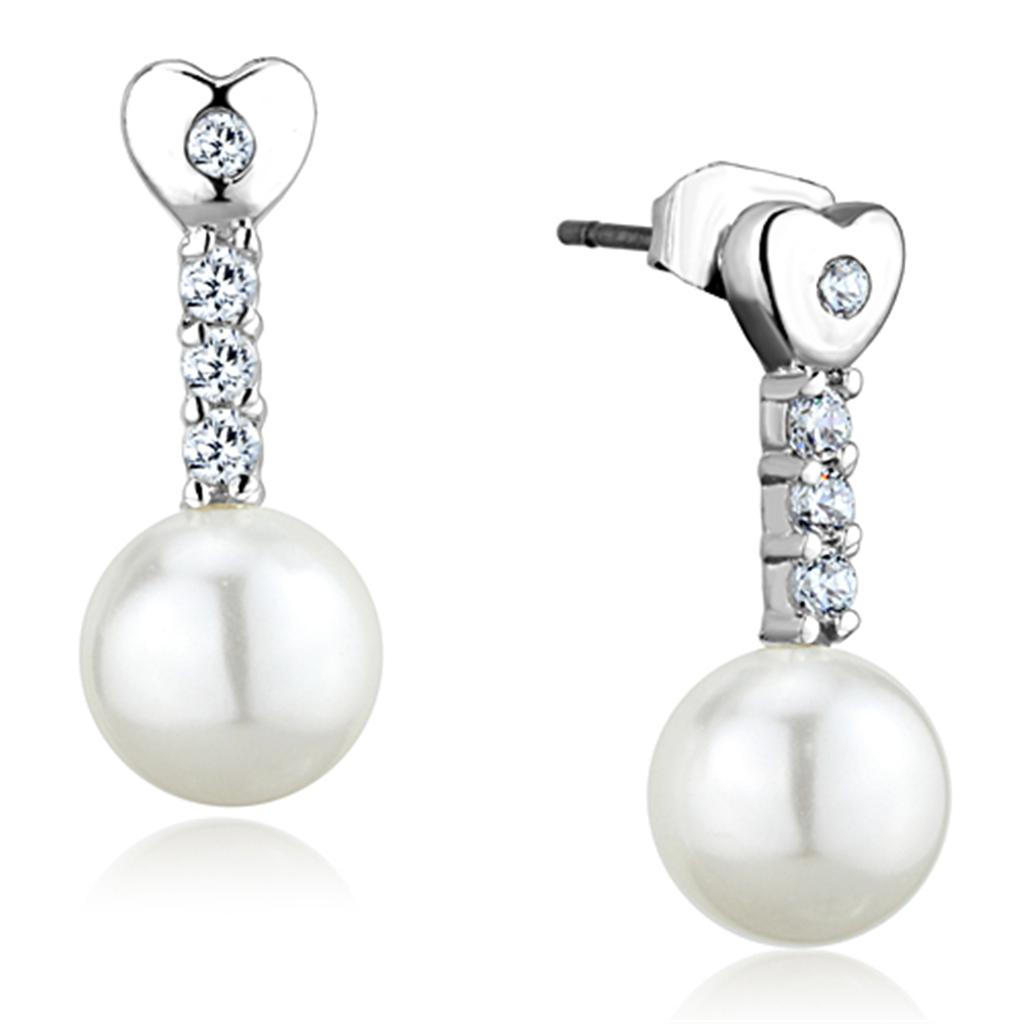 Rhodium Brass Earrings with Synthetic Pearl in White