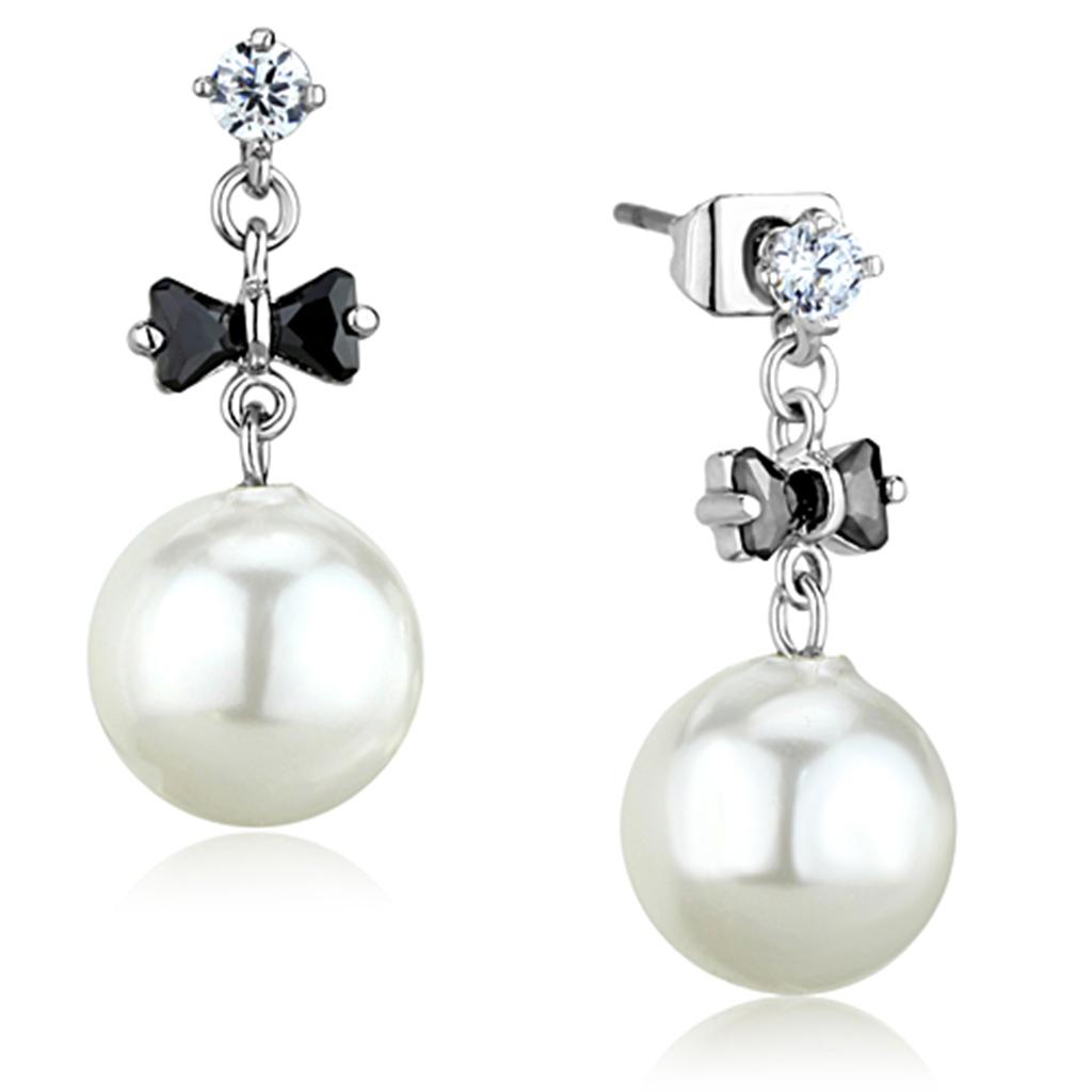 Rhodium Brass Earrings with Synthetic Pearl in White