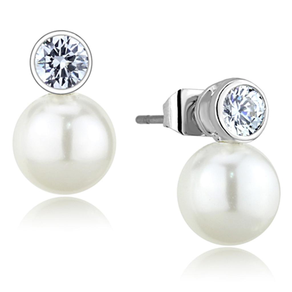 Rhodium Brass Earrings with Synthetic Pearl in White