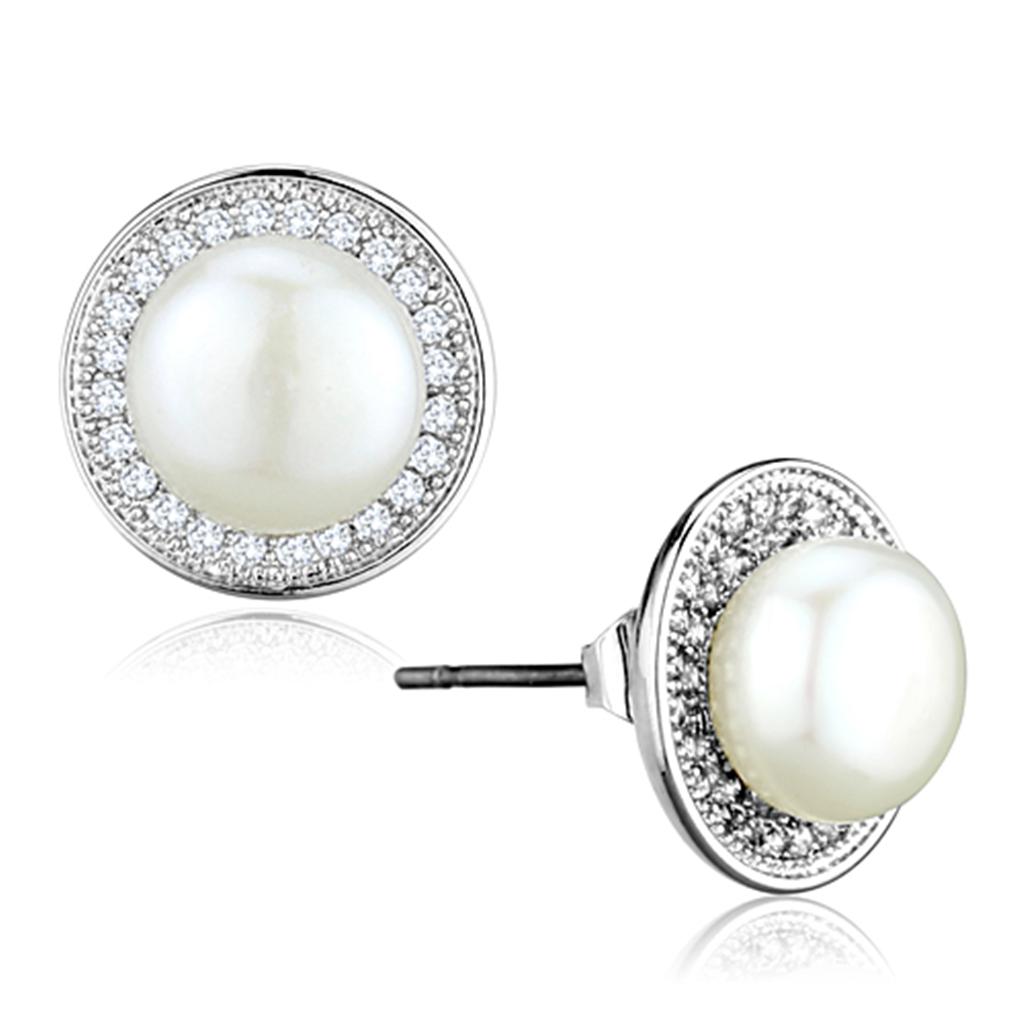 Rhodium Brass Earrings with Synthetic Pearl in White
