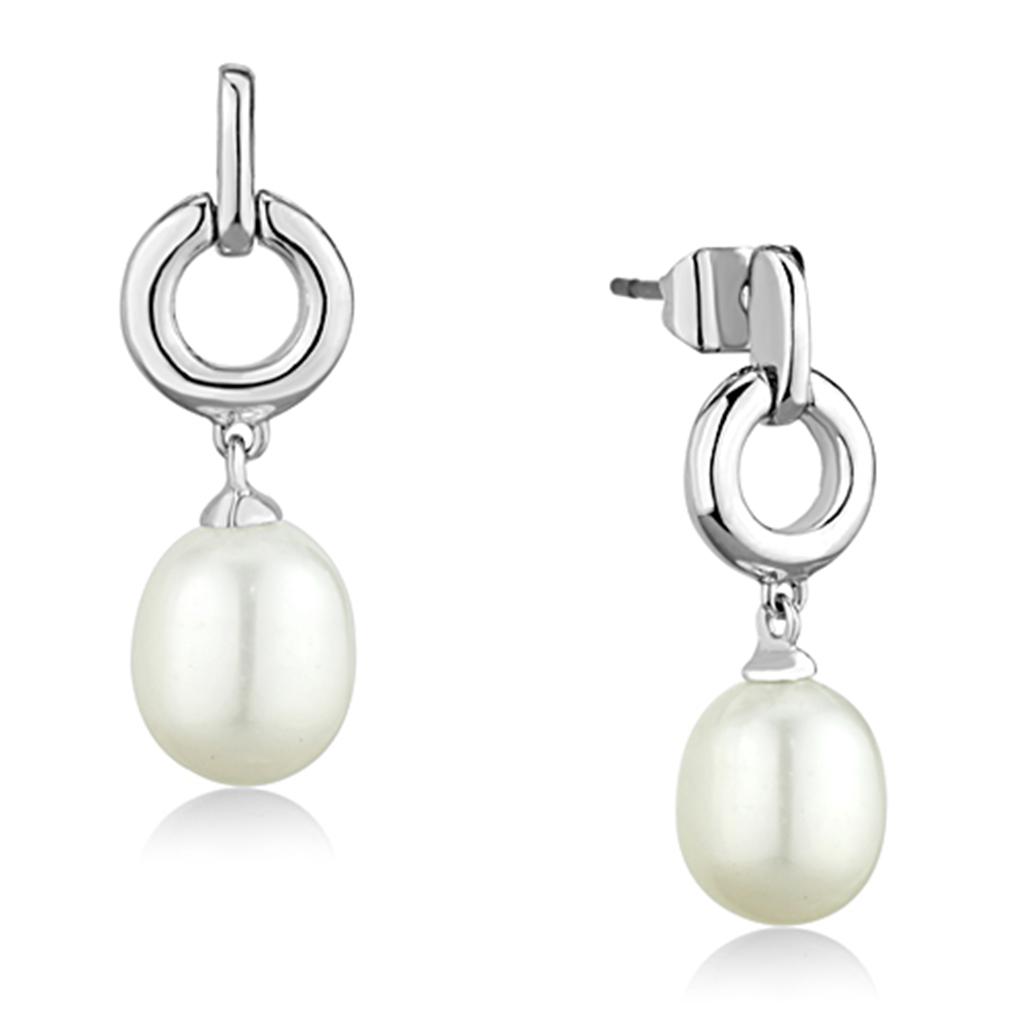 Rhodium Brass Earrings with Synthetic Pearl in White