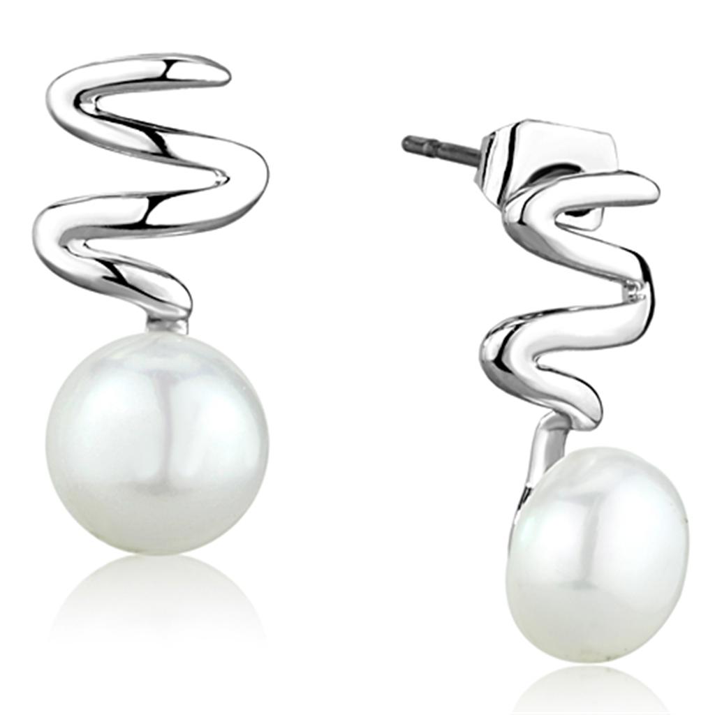 Rhodium Brass Earrings with Synthetic Pearl in White
