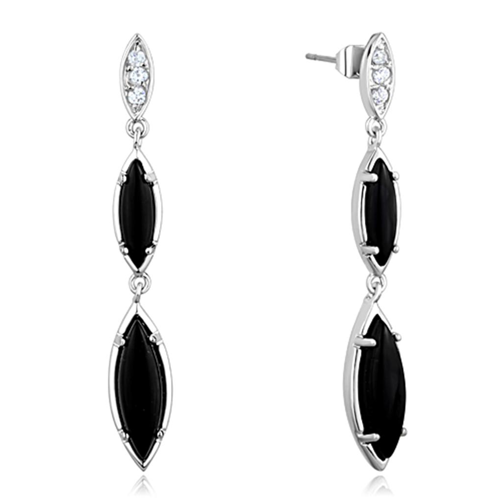 Rhodium Brass Earrings with Synthetic Onyx in Jet