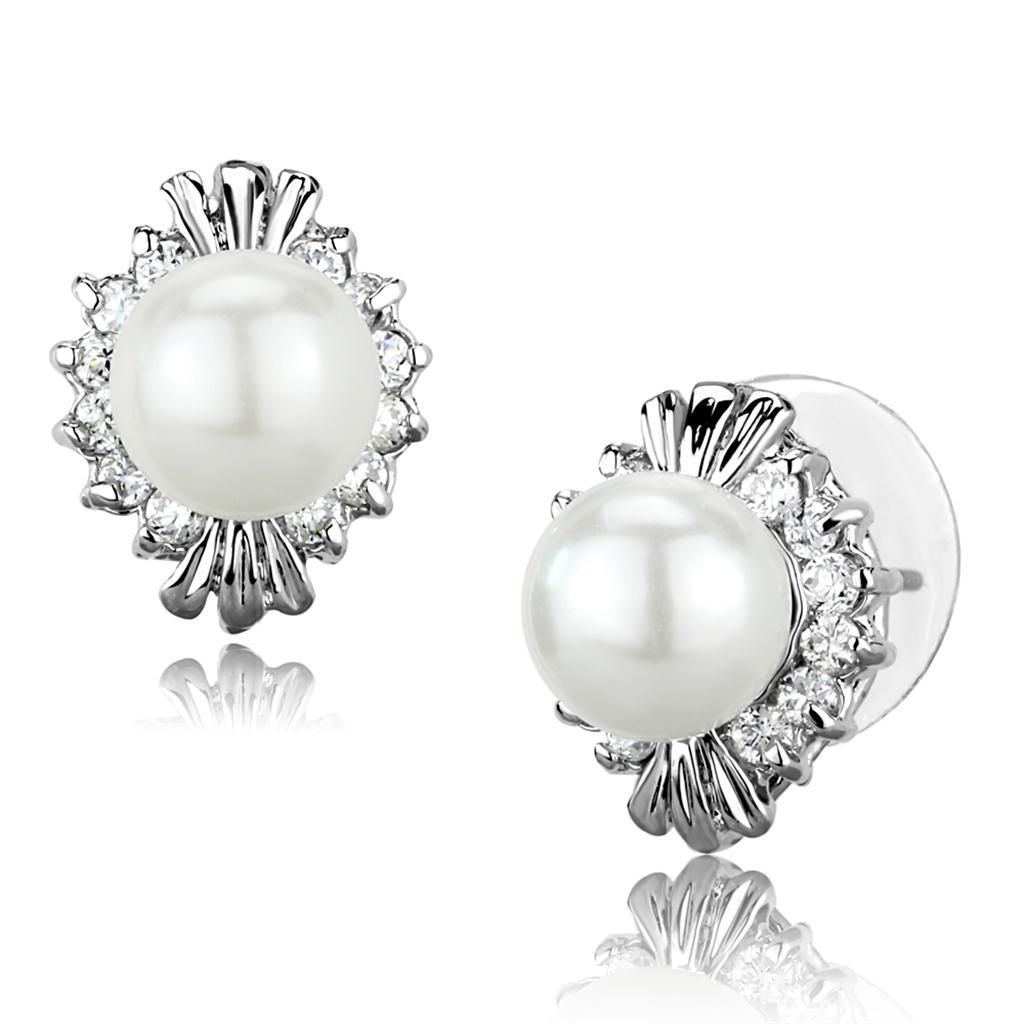 Rhodium Brass Earrings with Synthetic Pearl in White