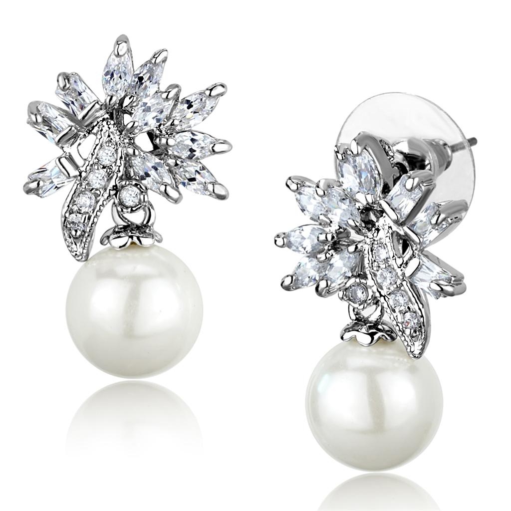 Rhodium Brass Earrings with Synthetic Pearl in White