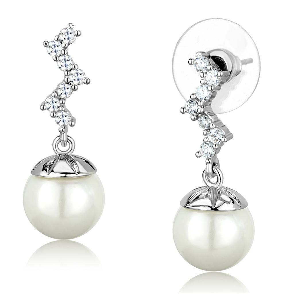 Rhodium Brass Earrings with Synthetic Pearl in White