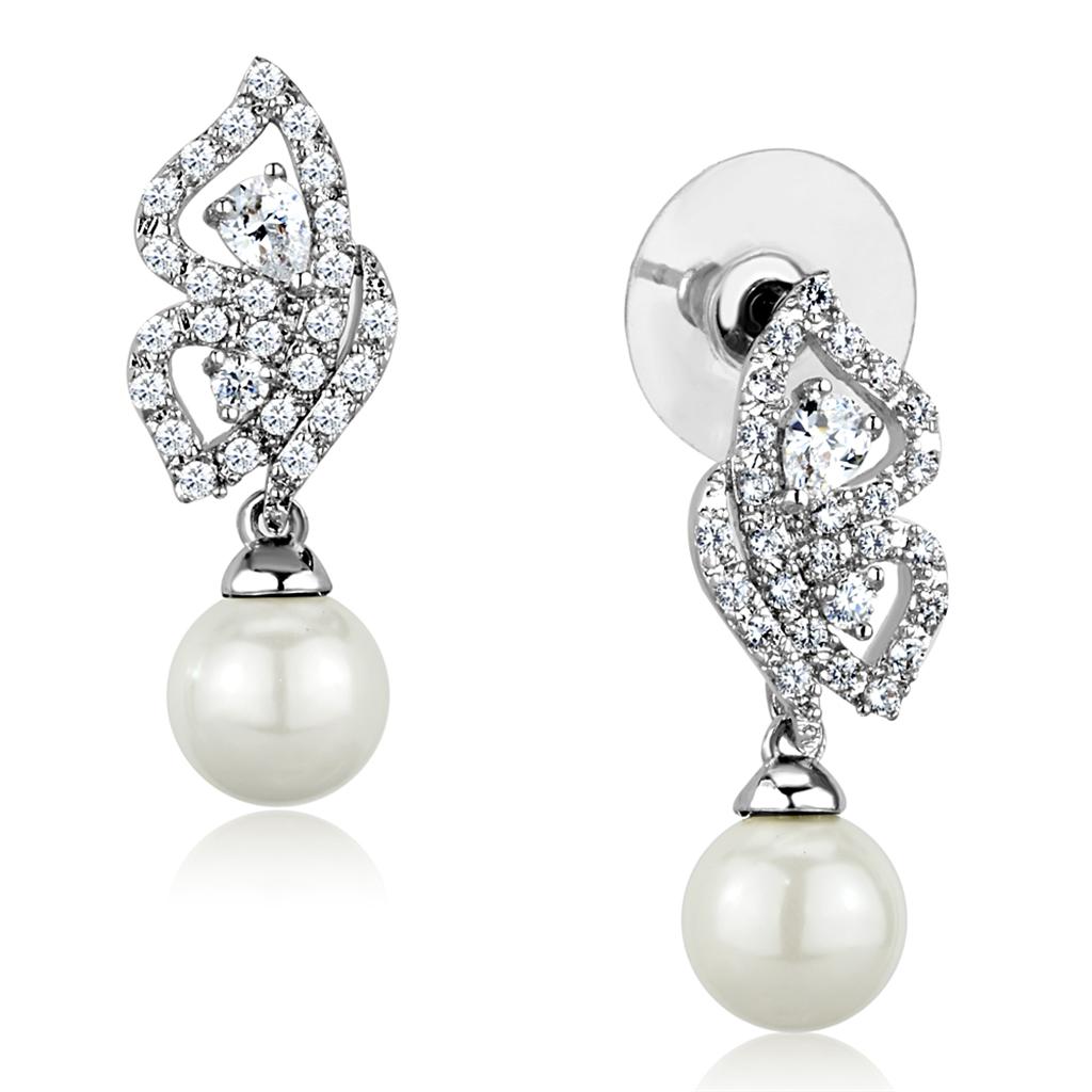 Rhodium Brass Earrings with Synthetic Pearl in White