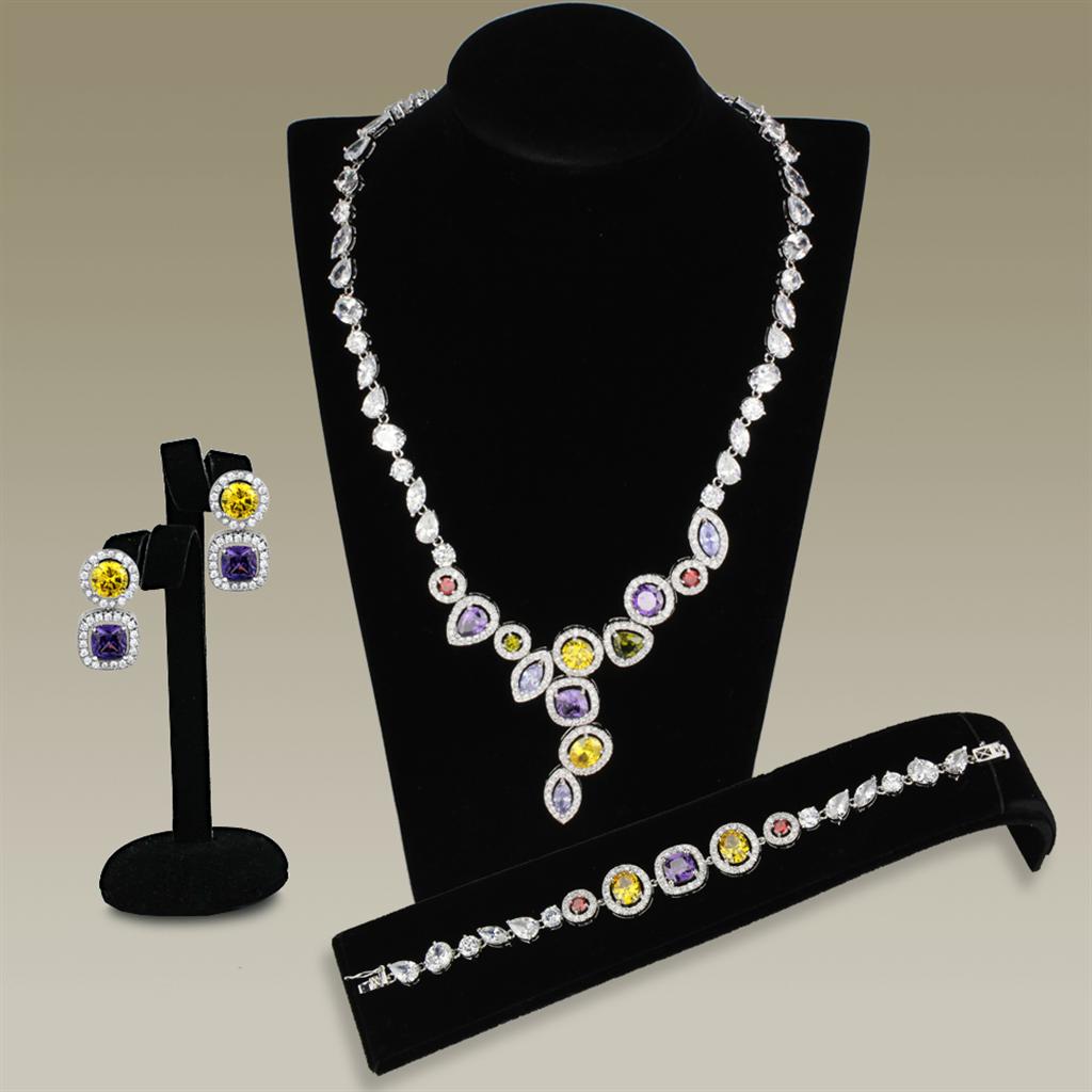 Rhodium Brass Jewelry Sets with AAA Grade CZ in Multi Color