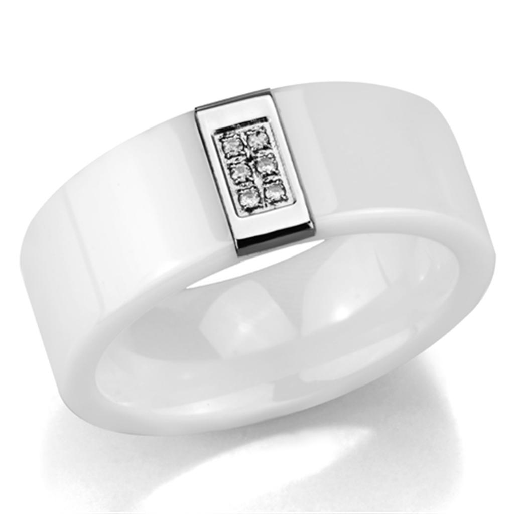 High polished (no plating) Stainless Steel Ring with Ceramic in White