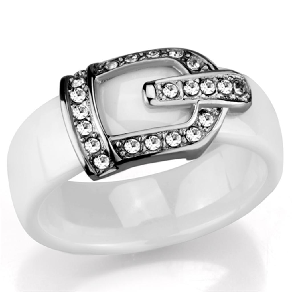 High polished (no plating) Stainless Steel Ring with Ceramic in White