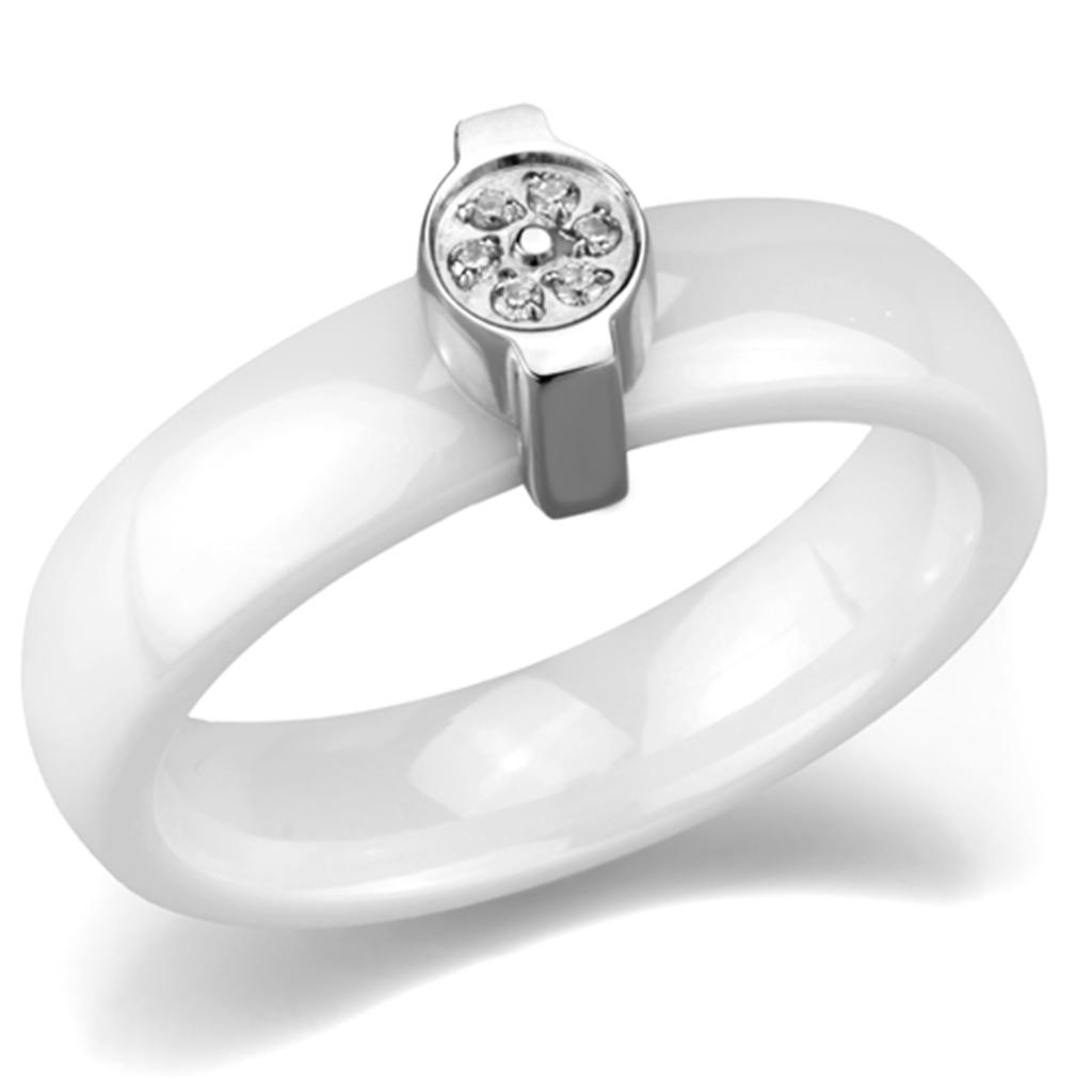 High polished (no plating) Stainless Steel Ring with Ceramic in White