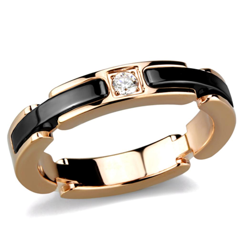 IP Rose Gold(Ion Plating) Stainless Steel Ring with Ceramic in Jet