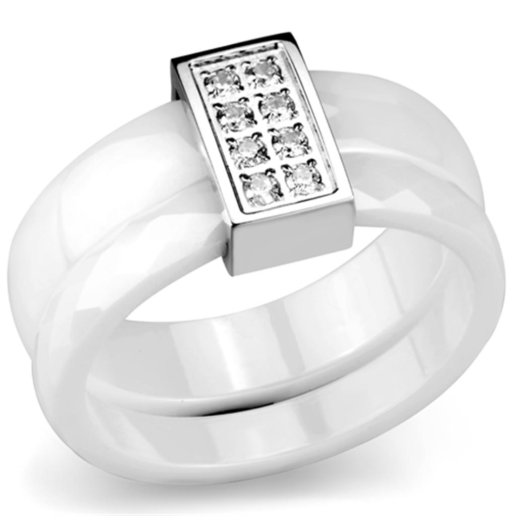 High polished (no plating) Stainless Steel Ring with Ceramic in White