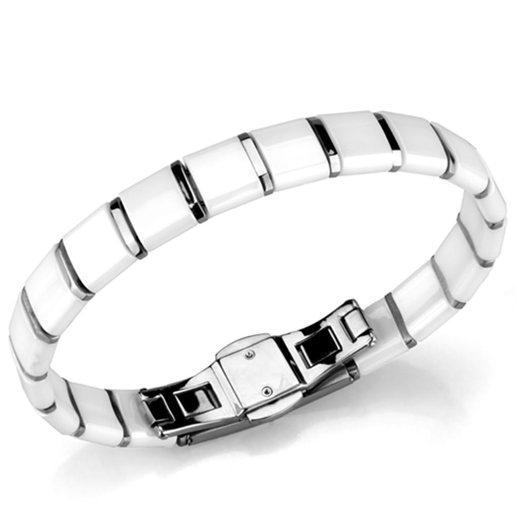 High polished (no plating) Stainless Steel Bracelet with Ceramic in White