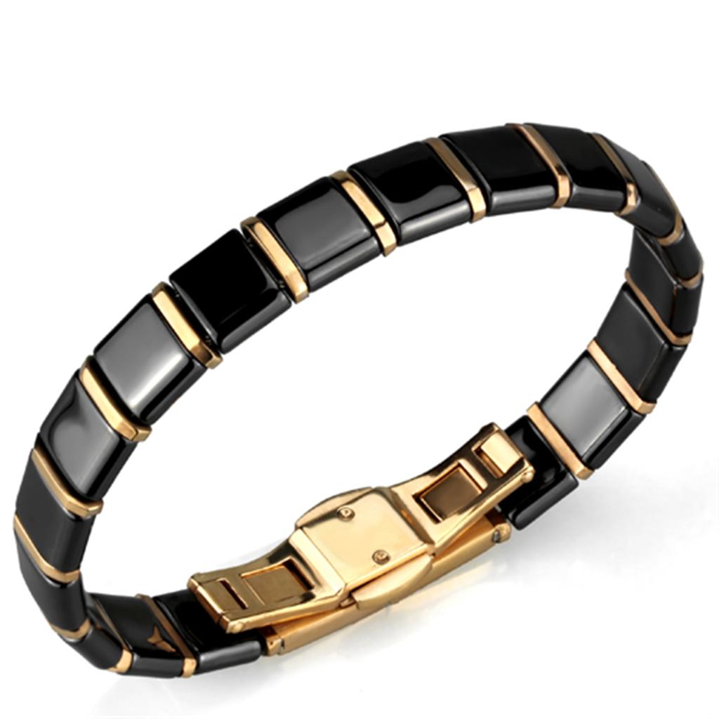 IP Rose Gold(Ion Plating) Stainless Steel Bracelet with Ceramic in Jet