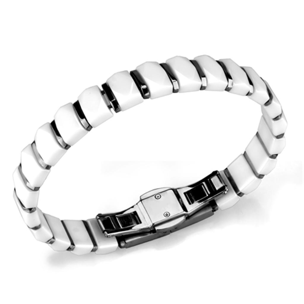 High polished (no plating) Stainless Steel Bracelet with Ceramic in White