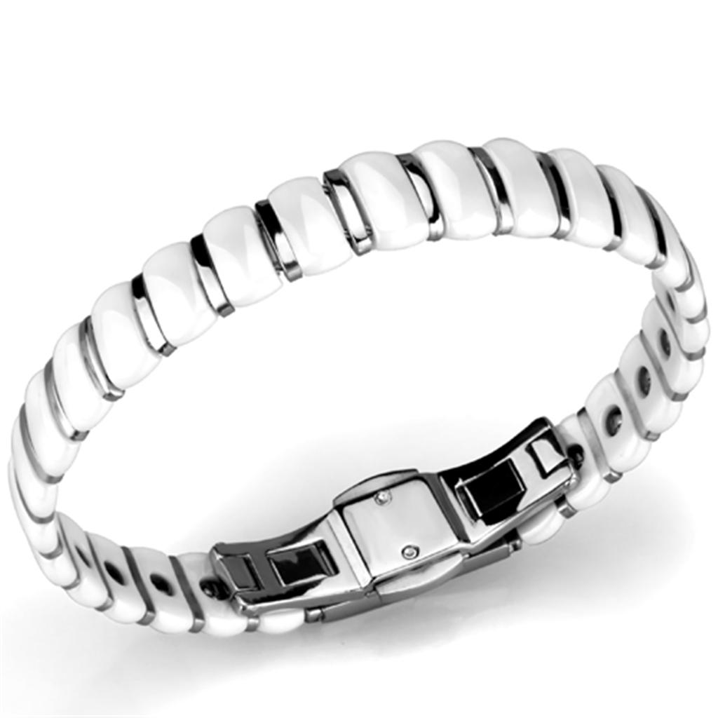 High polished (no plating) Stainless Steel Bracelet with Ceramic in White