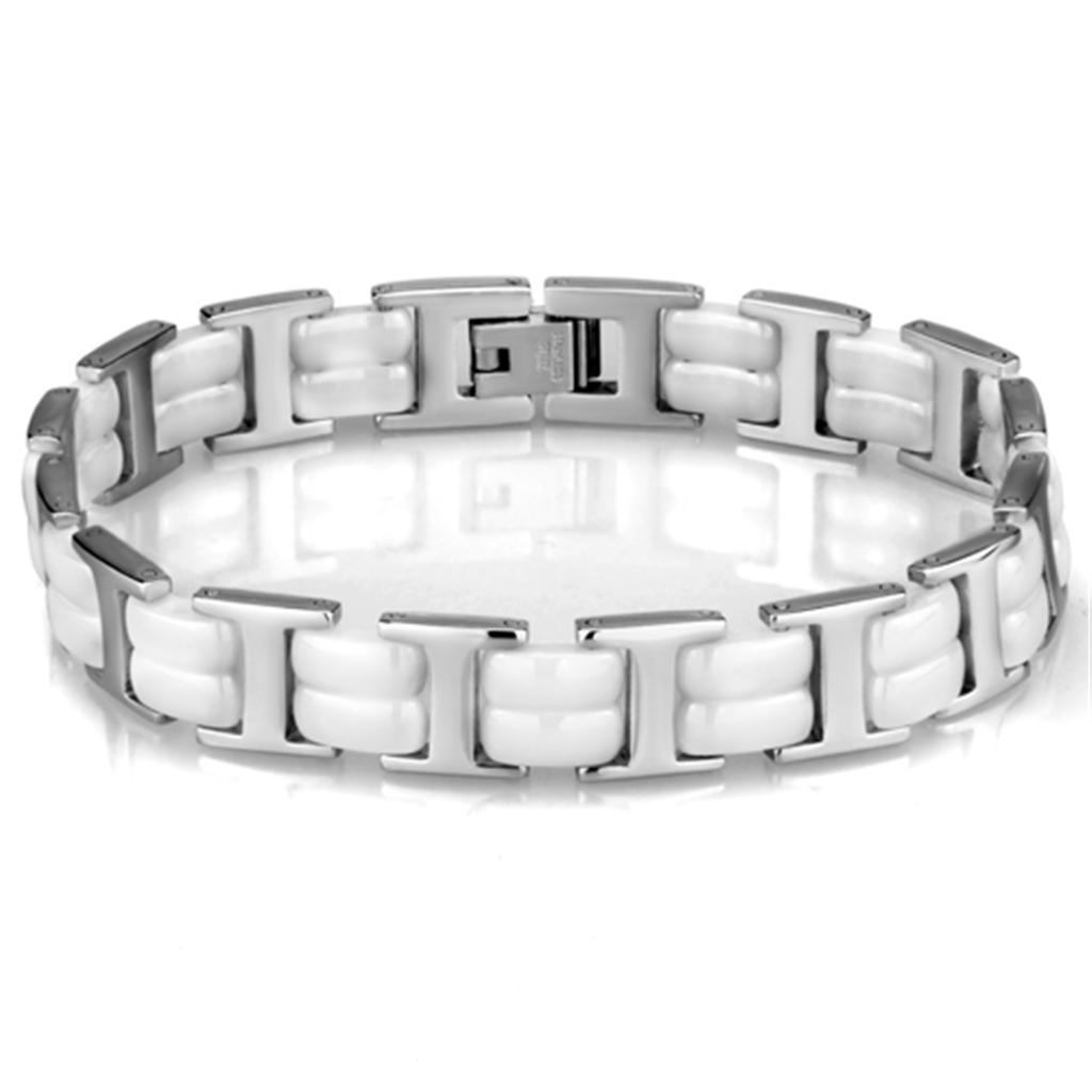 High polished (no plating) Stainless Steel Bracelet with Ceramic in White