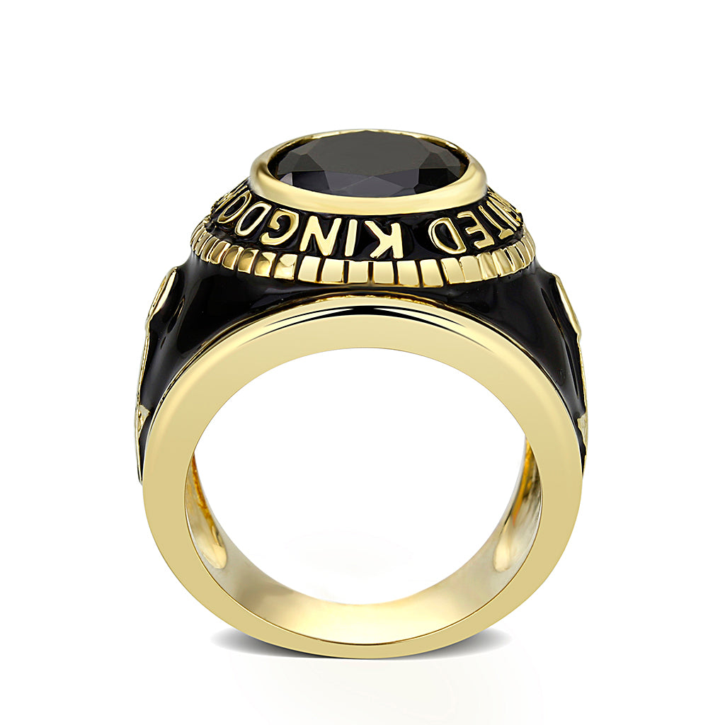 IP Gold(Ion Plating) Brass Ring with Synthetic Glass With Jet Color