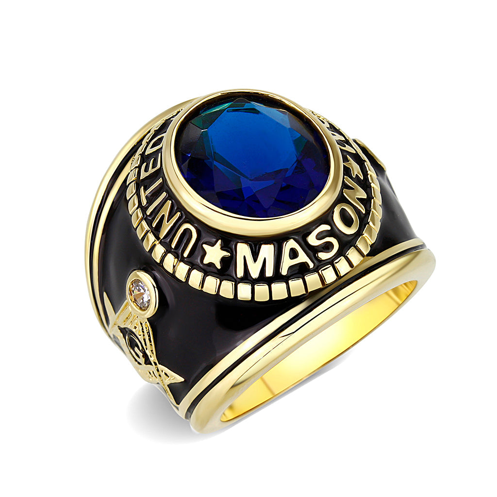 IP Gold(Ion Plating) Brass Ring with Synthetic Glass In Dark Blue Color