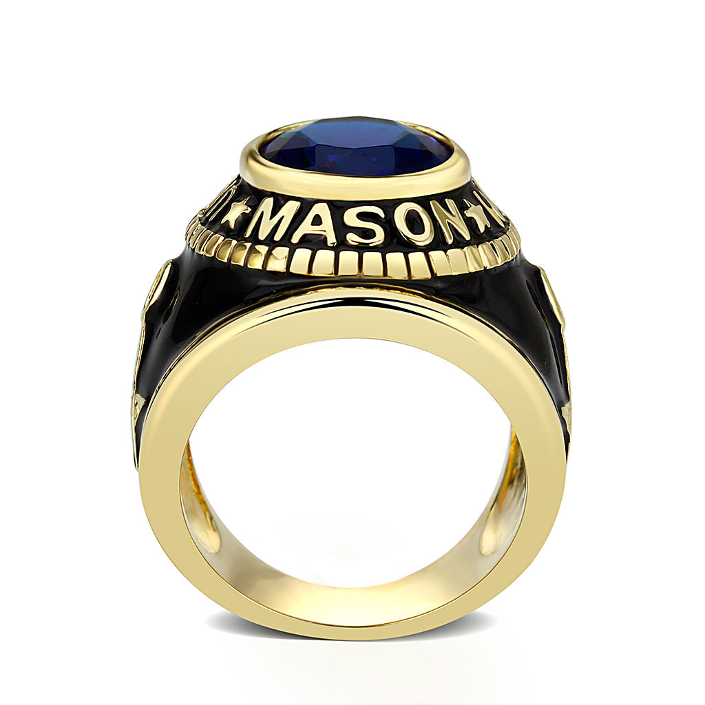 IP Gold(Ion Plating) Brass Ring with Synthetic Glass In Dark Blue Color