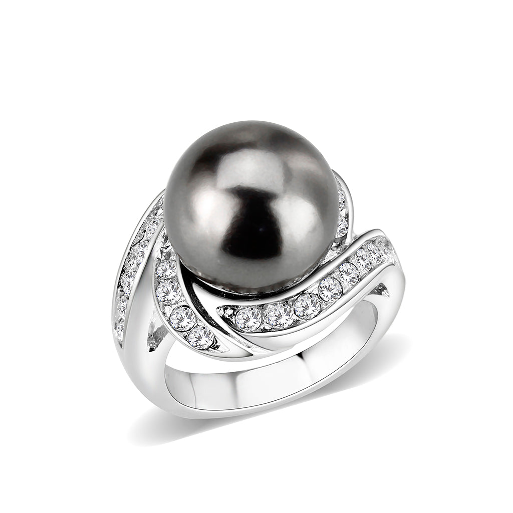 Rhodium Brass Ring with Pearl In Black