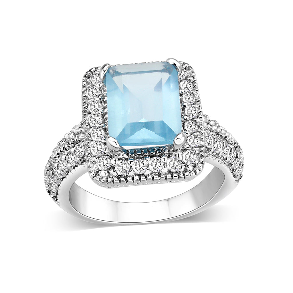 Rhodium Plated Brass Ring with CZ In AQ