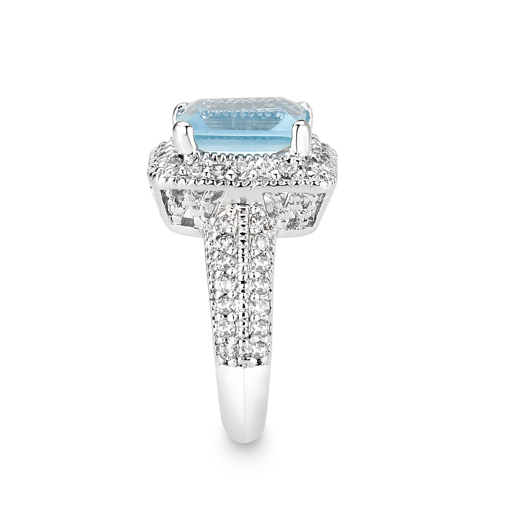 Rhodium Plated Brass Ring with CZ In AQ