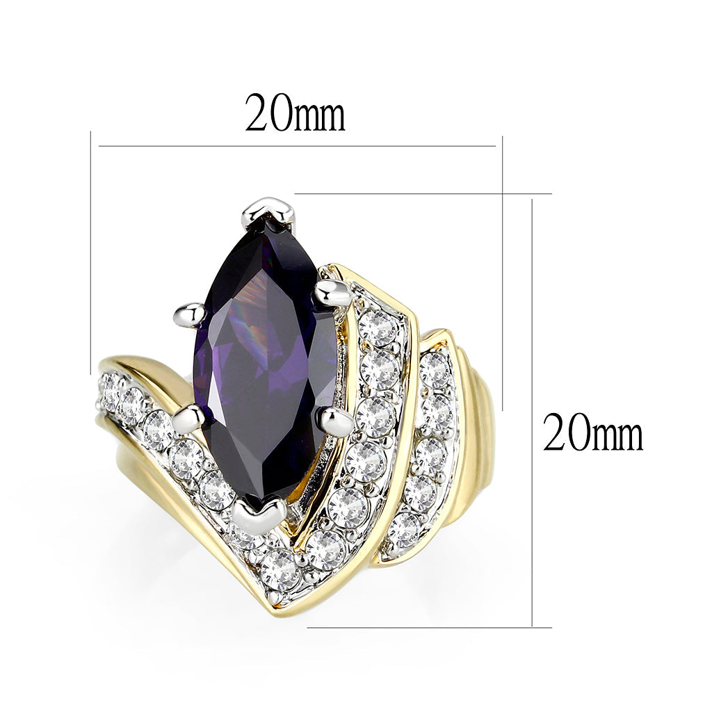 IP Gold Plated Brass Ring with CZ In Amethyst