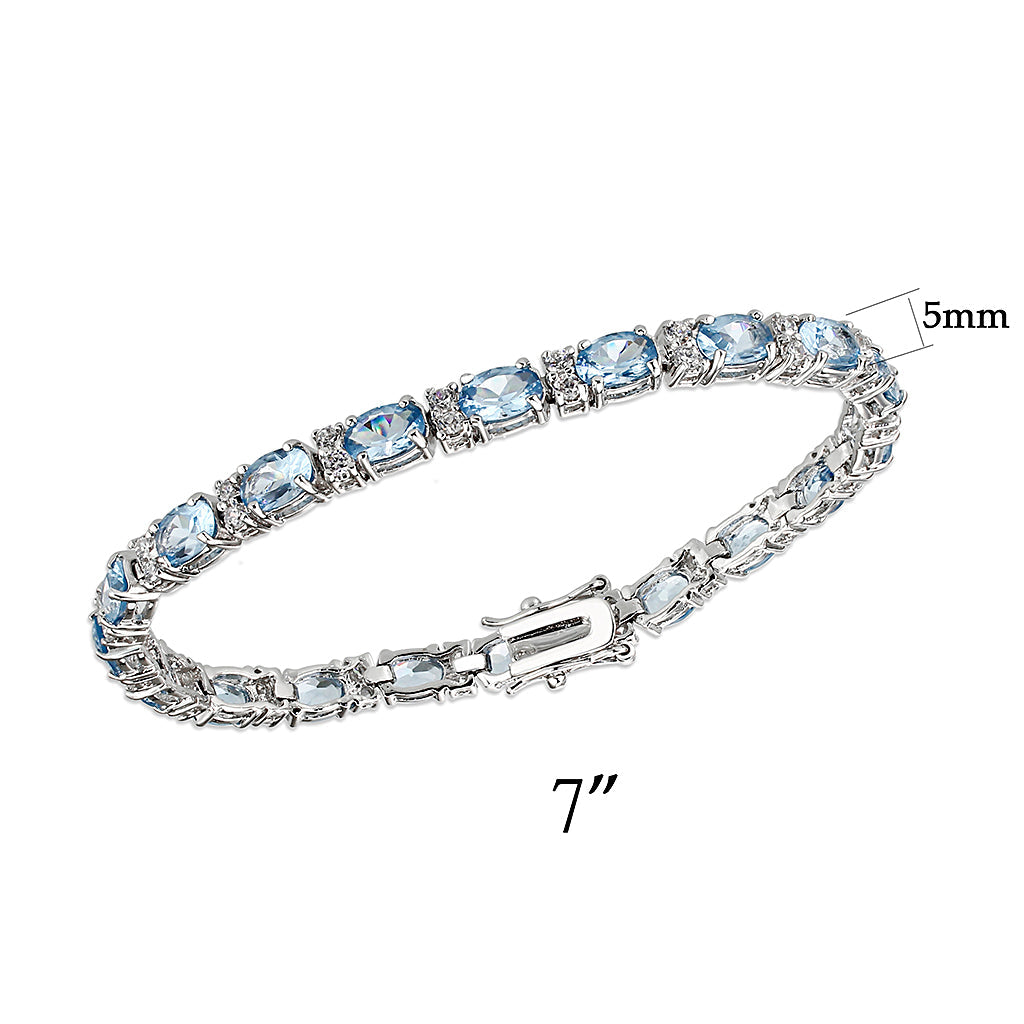 Brass Bracelet with AAA Grade CZ in Aquamarine Rhodium Plated-7"