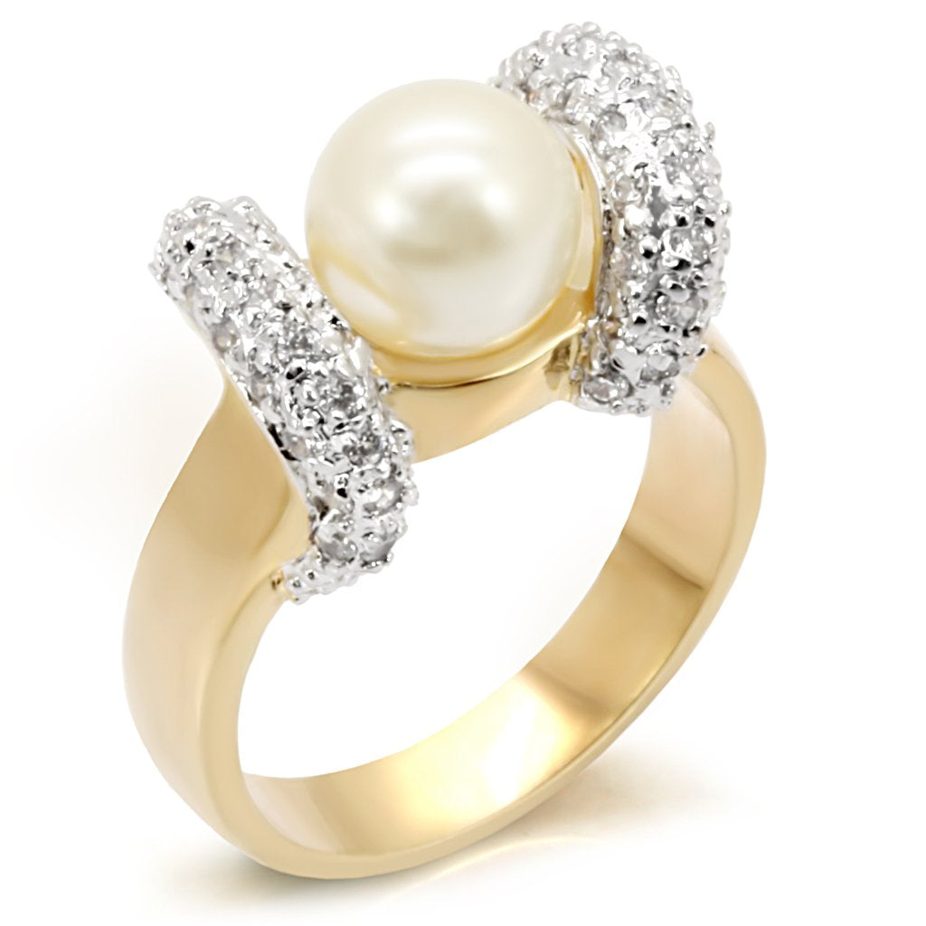 Gold+Rhodium Brass Ring with Synthetic Pearl in White