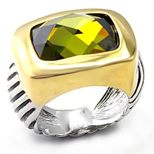 Reverse Two-Tone Brass Ring with AAA Grade CZ in Olivine color