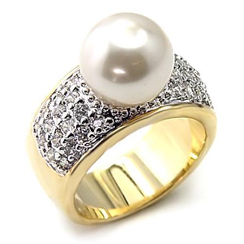 Gold+Rhodium 925 Sterling Silver Ring with Synthetic Pearl in White