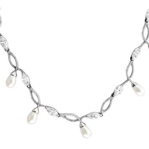 Rhodium 925 Sterling Silver Necklace with Synthetic Pearl in White