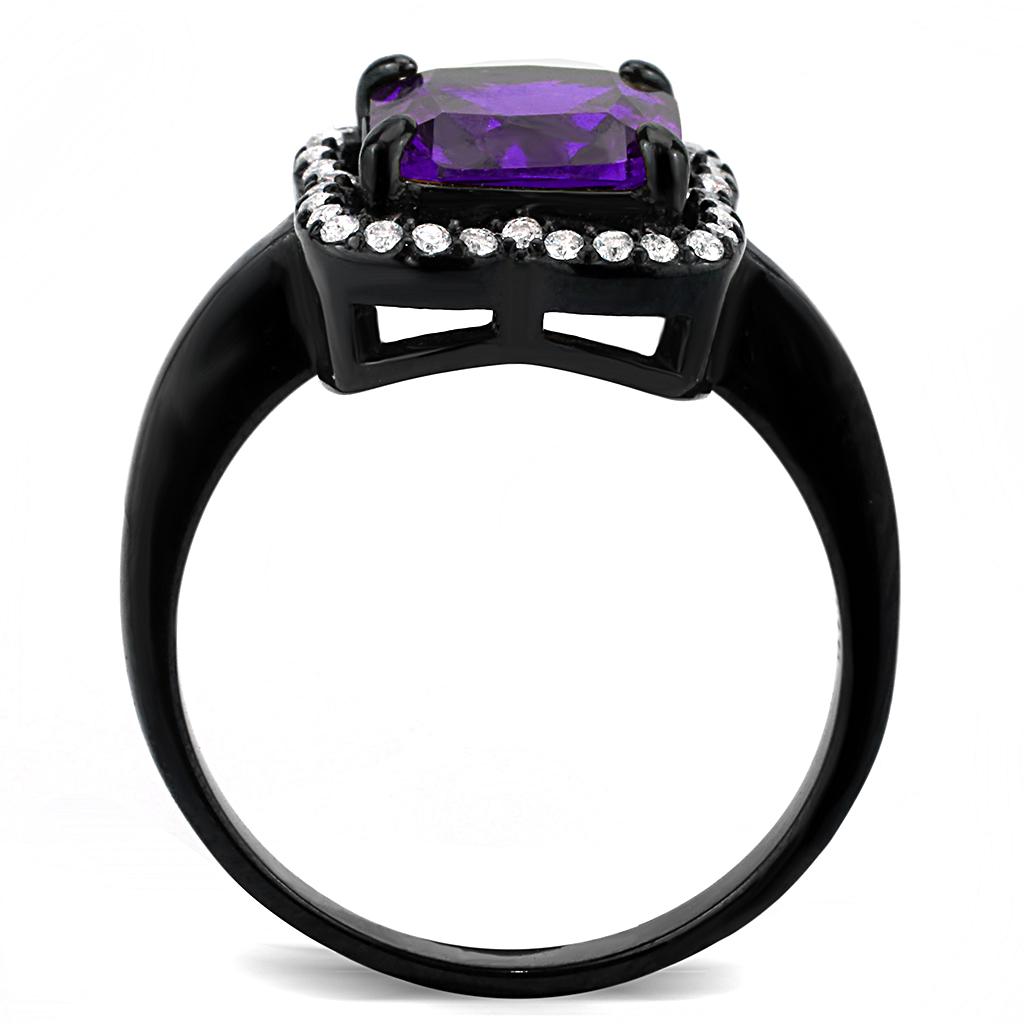 IP Black(Ion Plating) Stainless Steel Ring with AAA Grade CZ in Amethyst