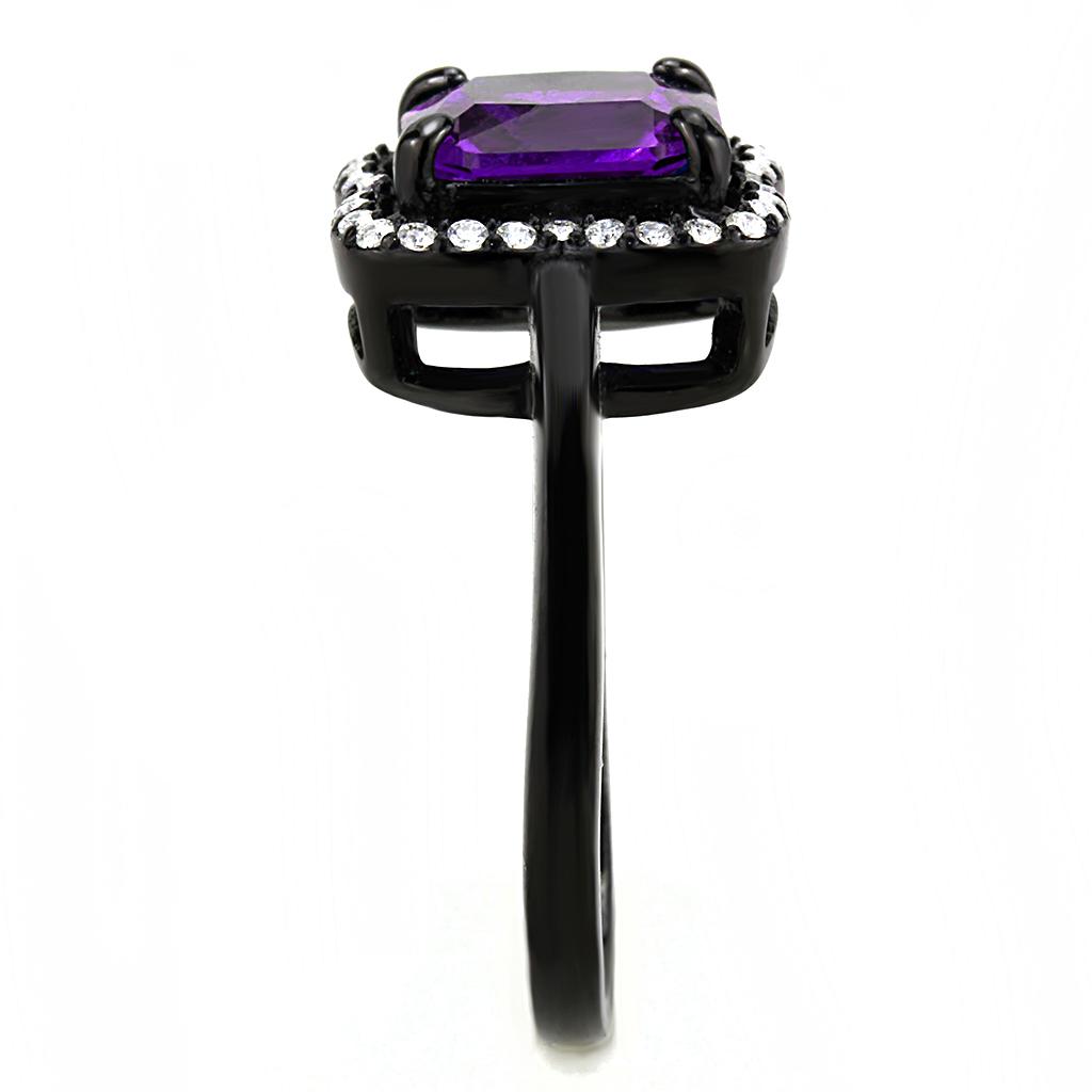 IP Black(Ion Plating) Stainless Steel Ring with AAA Grade CZ in Amethyst