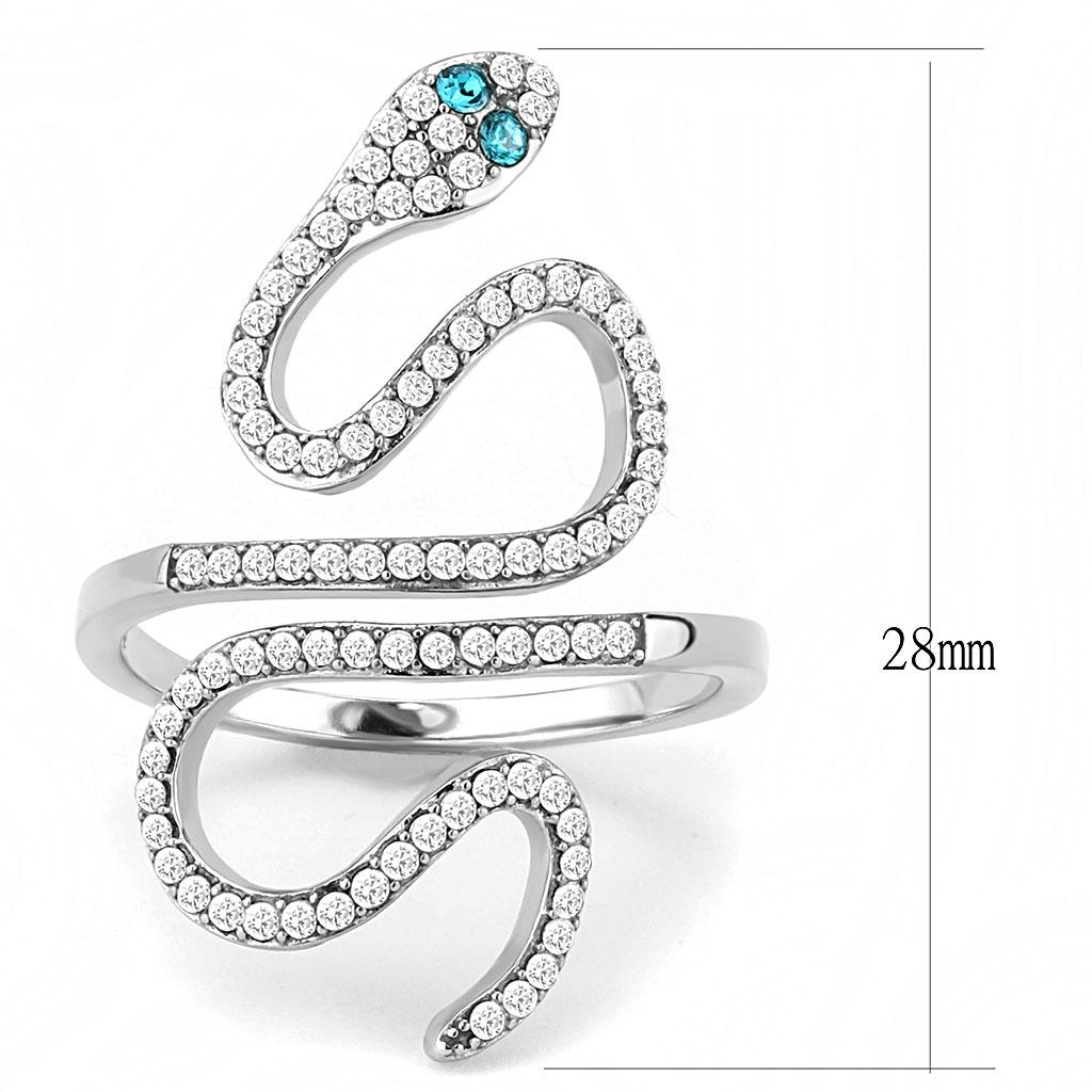 High polished (no plating) Stainless Steel Ring with Top Grade Crystal in Blue Zircon