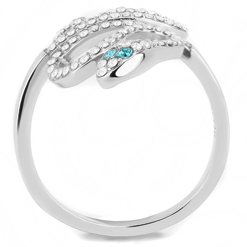 High polished (no plating) Stainless Steel Ring with Top Grade Crystal in Blue Zircon