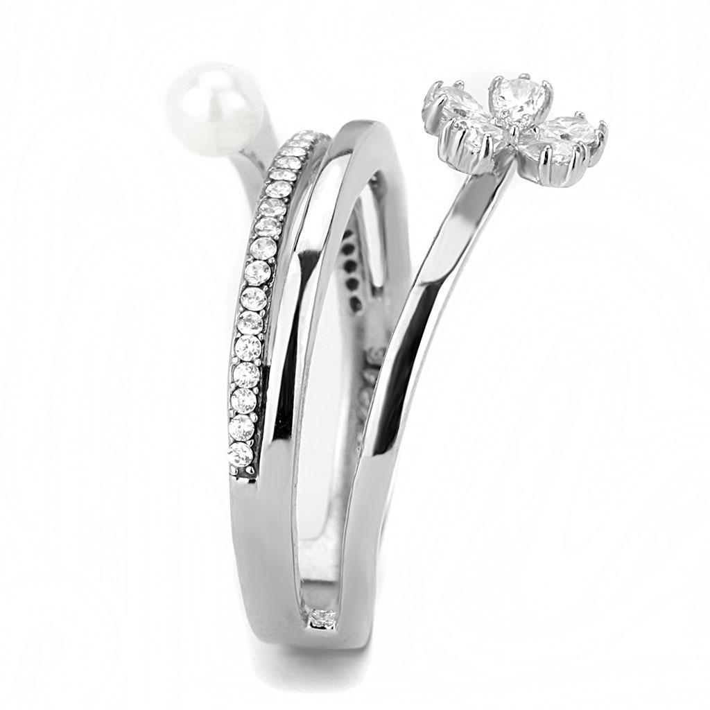 High polished (no plating) Stainless Steel Ring with Synthetic Pearl in White