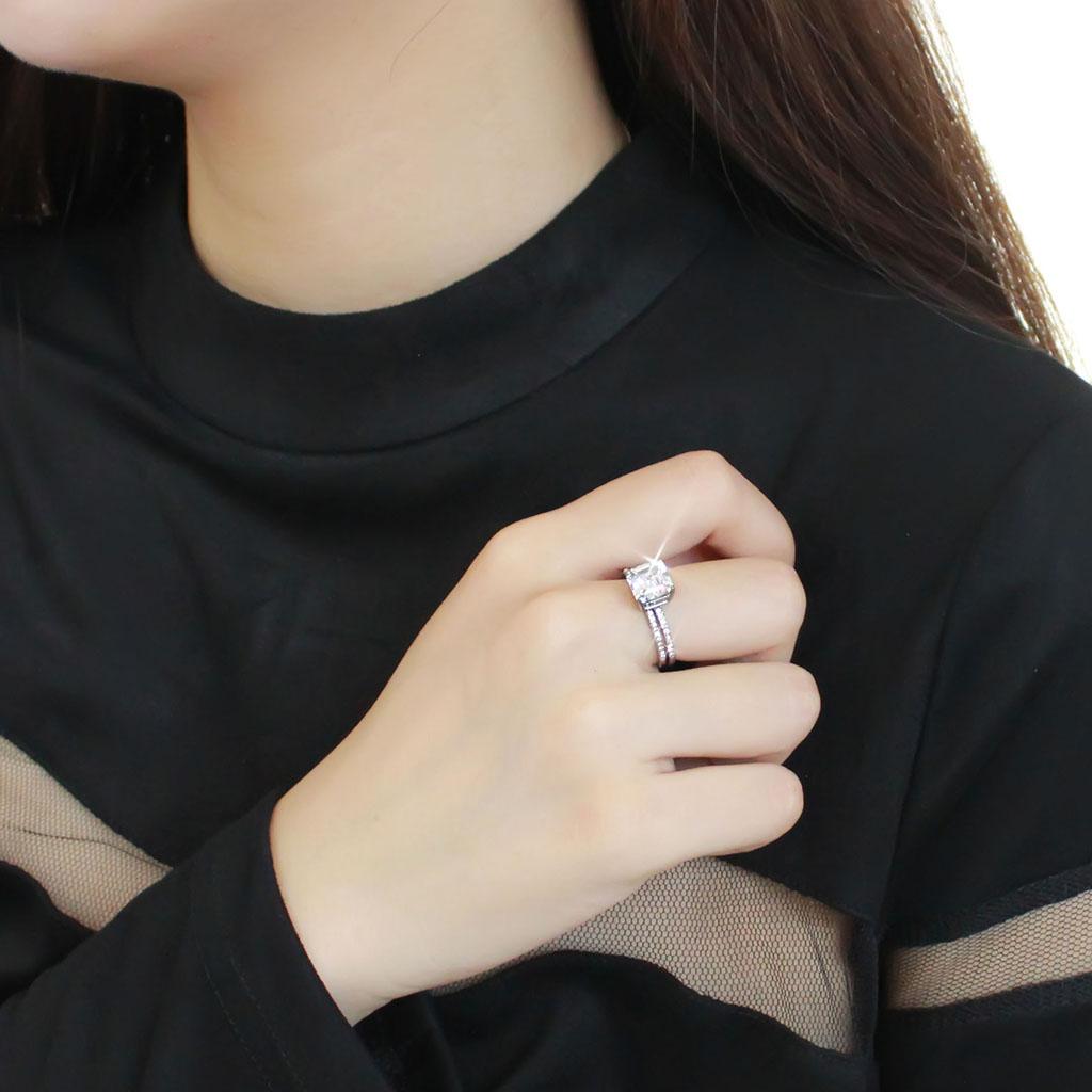 High polished (no plating) Stainless Steel Ring with Cubic in Clear