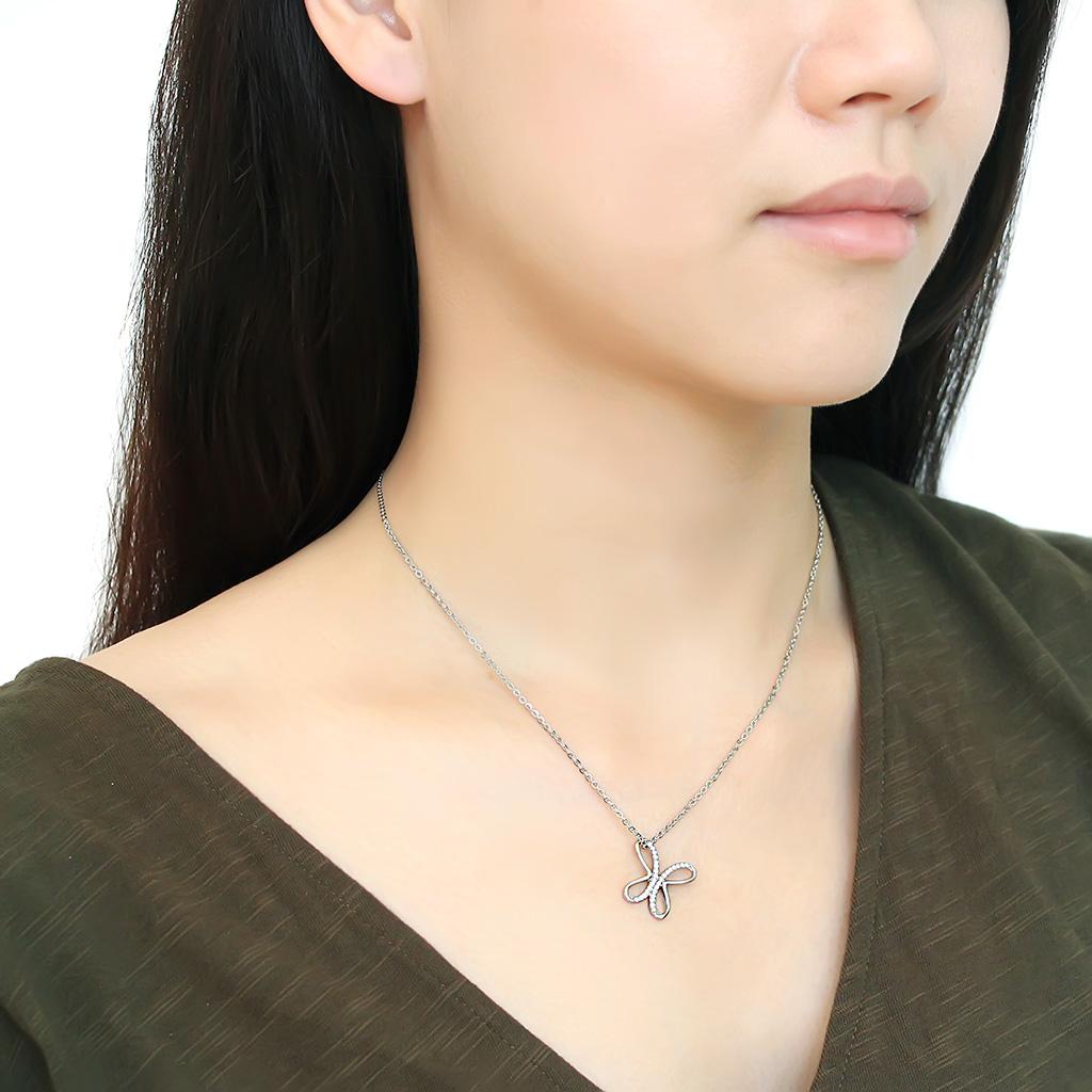 High polished (no plating) Stainless Steel Chain Pendant with AAA Grade CZ in Clear