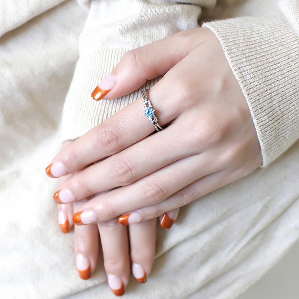 High polished (no plating) Stainless Steel Ring with AAA Grade CZ in Sea Blue