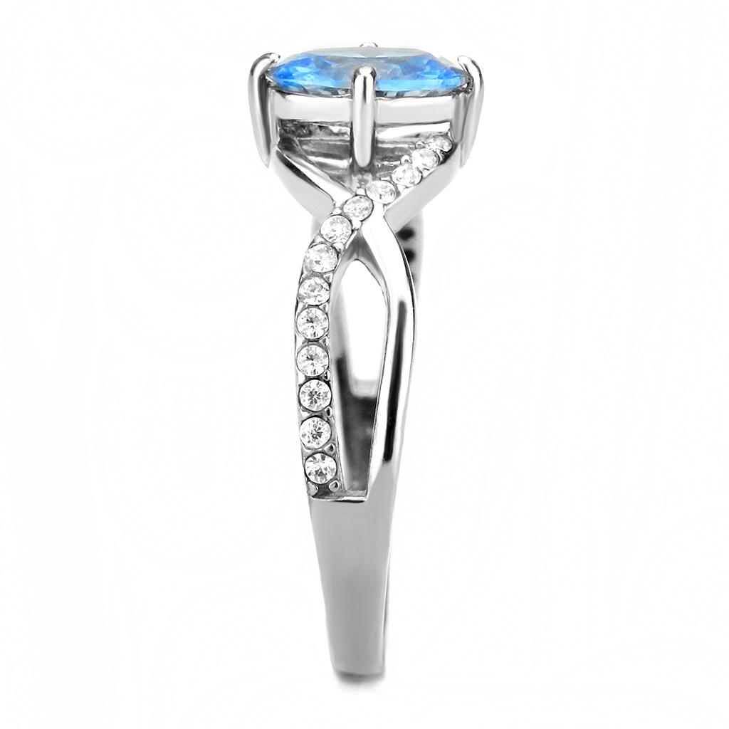 High polished (no plating) Stainless Steel Ring with AAA Grade CZ in Sea Blue