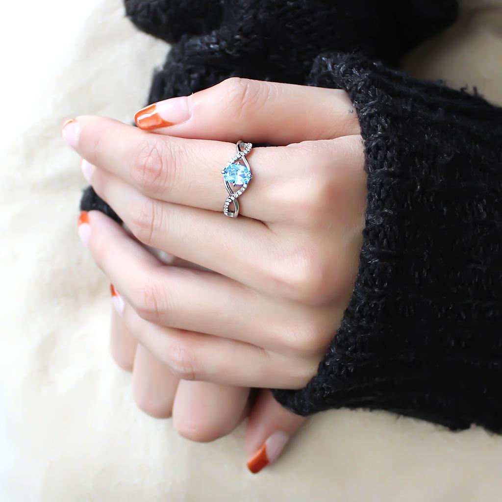 High polished (no plating) Stainless Steel Ring with AAA Grade CZ in Sea Blue