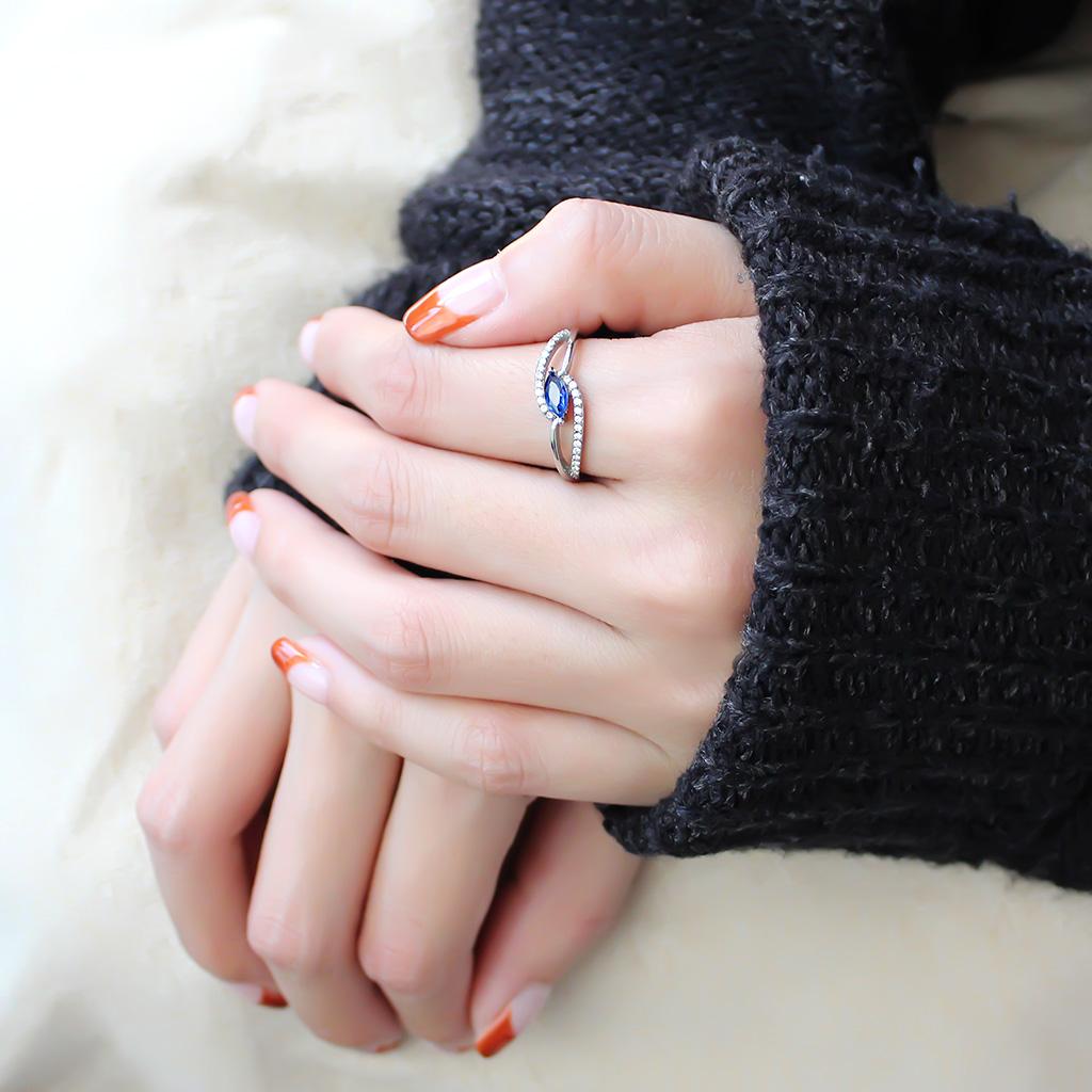 High polished (no plating) Stainless Steel Ring with AAA Grade CZ in London Blue